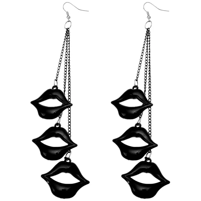 Black Layered Pucker Lips Drop Chain Earrings
