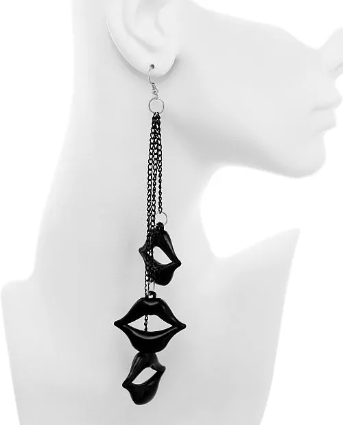 Black Layered Pucker Lips Drop Chain Earrings
