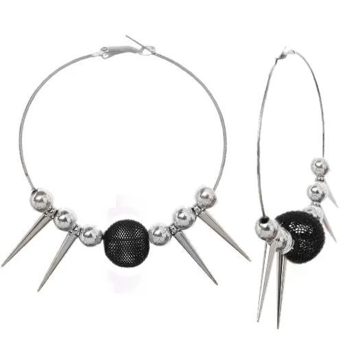 Black Mesh Spike Bead Hoop Earrings