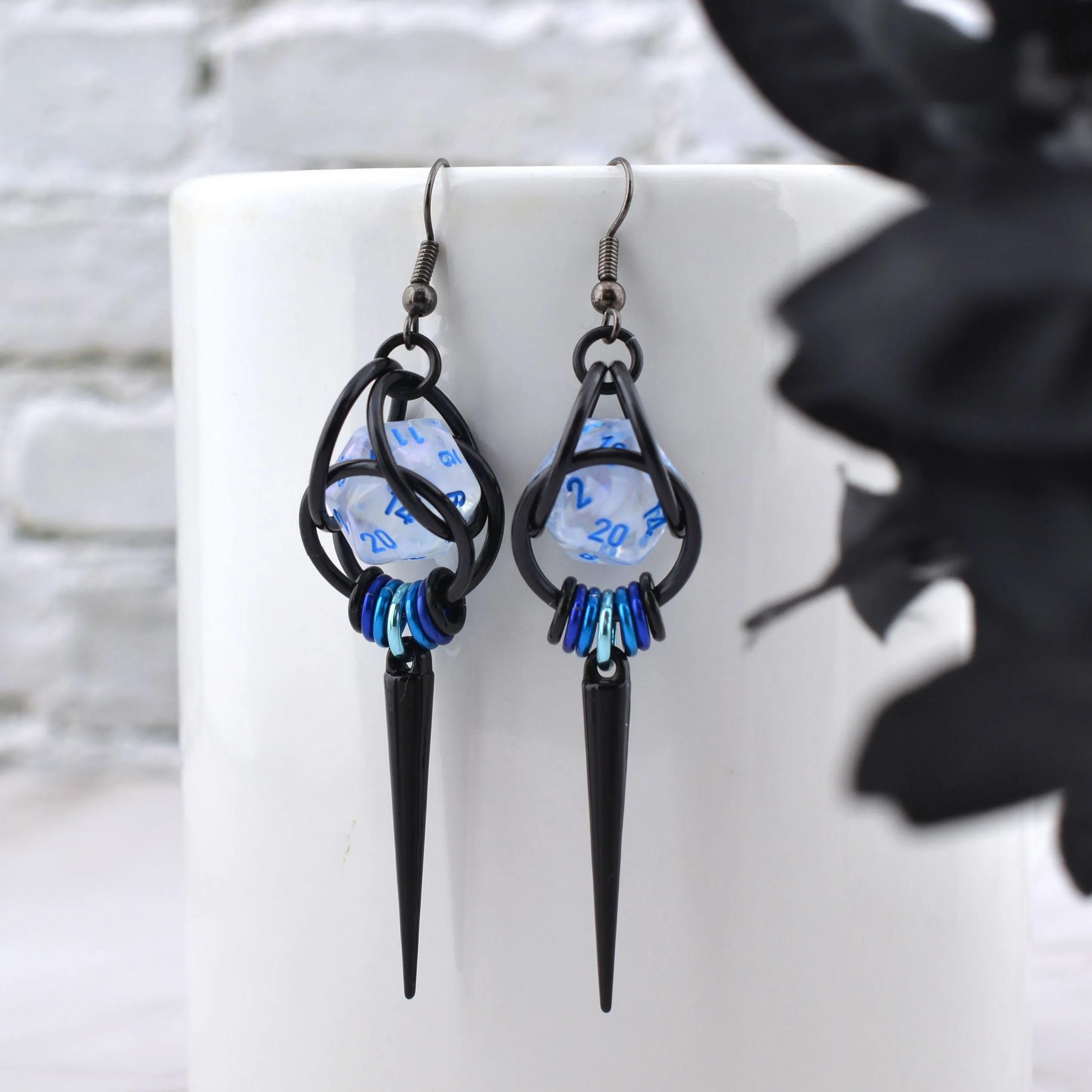 Black Spike UV Reactive d20 Earrings