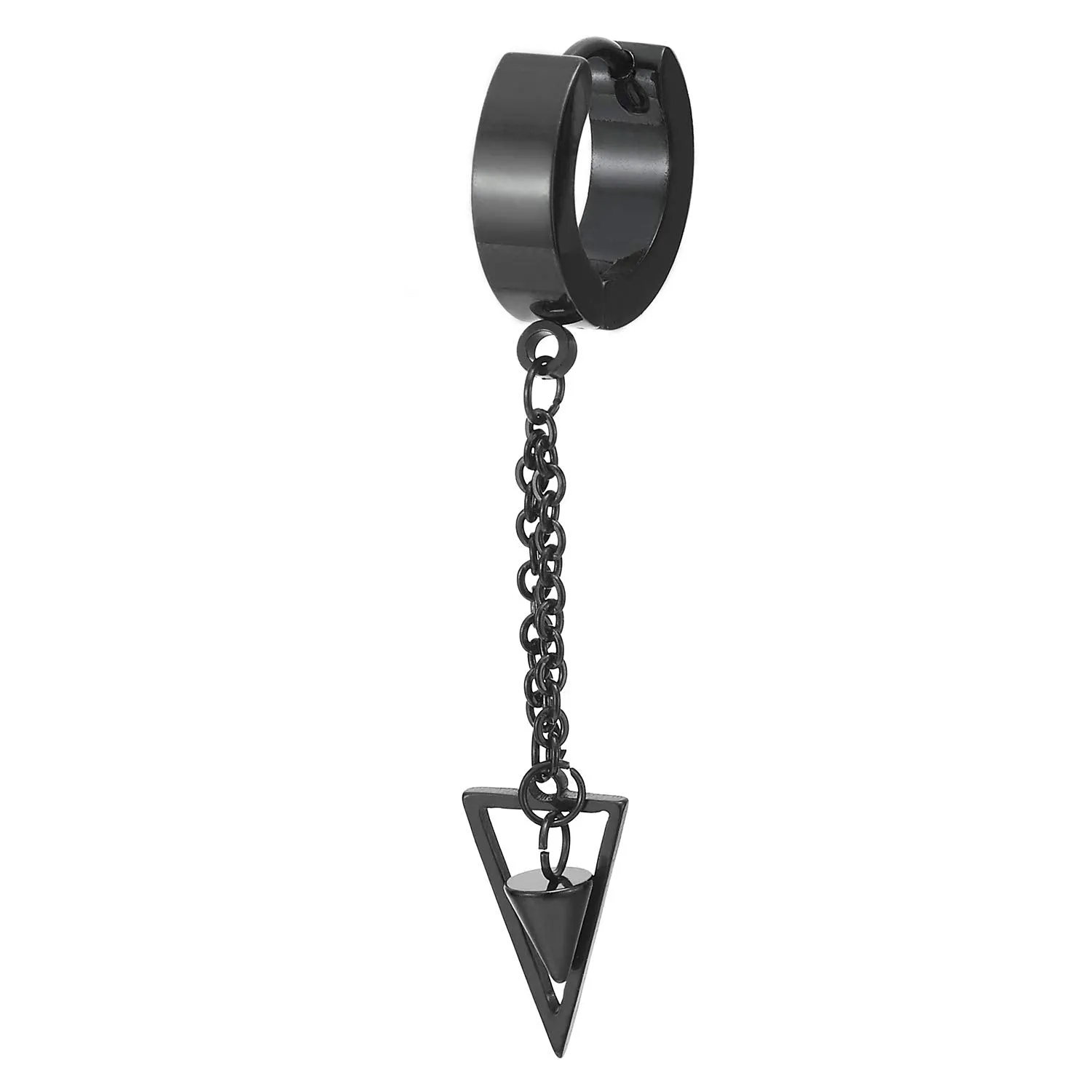 Black Steel Huggie Hoop Earrings with Dangle Chain and Spike Pendant for Men and Women, Featuring Hinged Bands with Triangle and Cone on a Chain for a Bold, Edgy Look