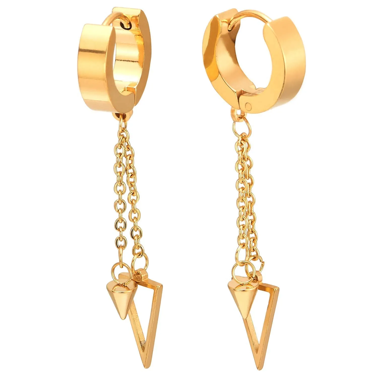 Black Steel Huggie Hoop Earrings with Dangle Chain and Spike Pendant for Men and Women, Featuring Hinged Bands with Triangle and Cone on a Chain for a Bold, Edgy Look