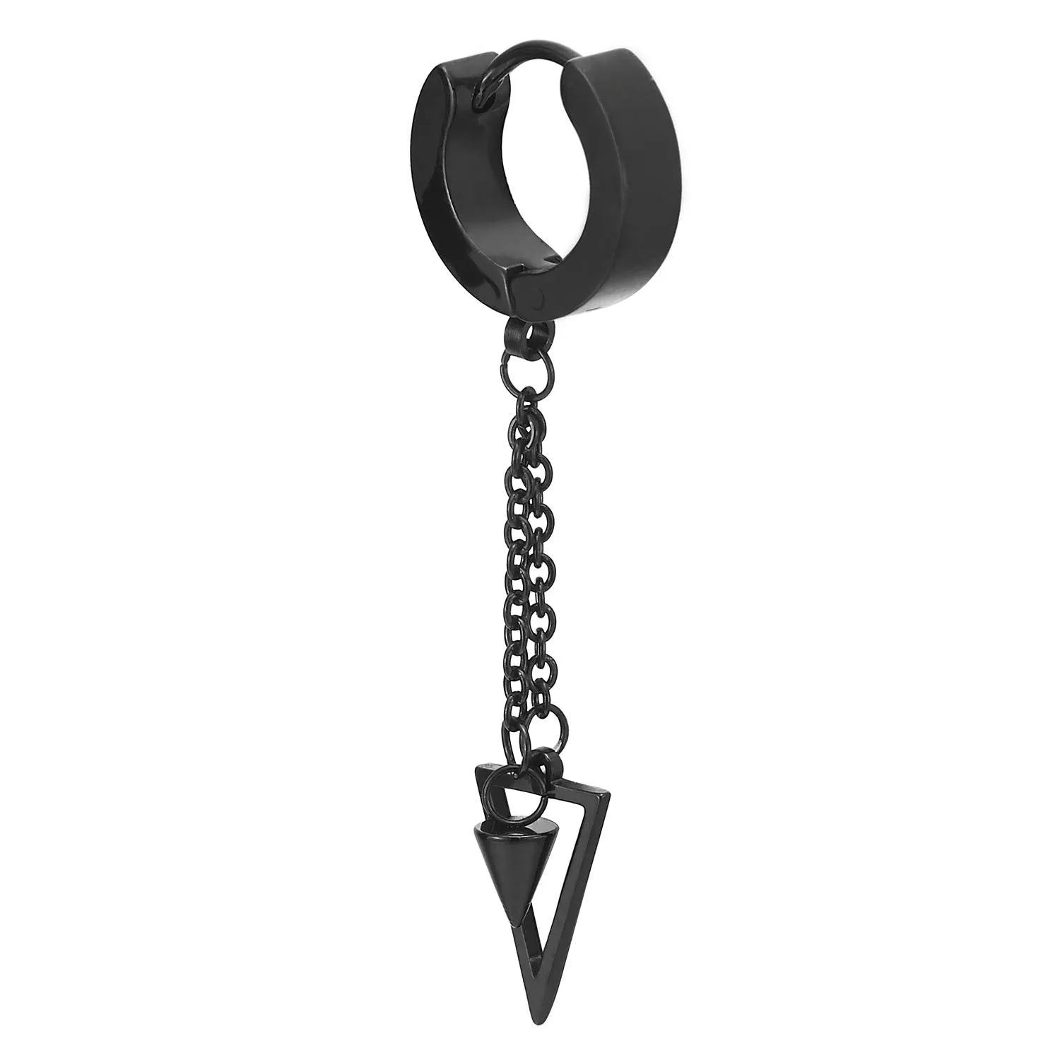 Black Steel Huggie Hoop Earrings with Dangle Chain and Spike Pendant for Men and Women, Featuring Hinged Bands with Triangle and Cone on a Chain for a Bold, Edgy Look