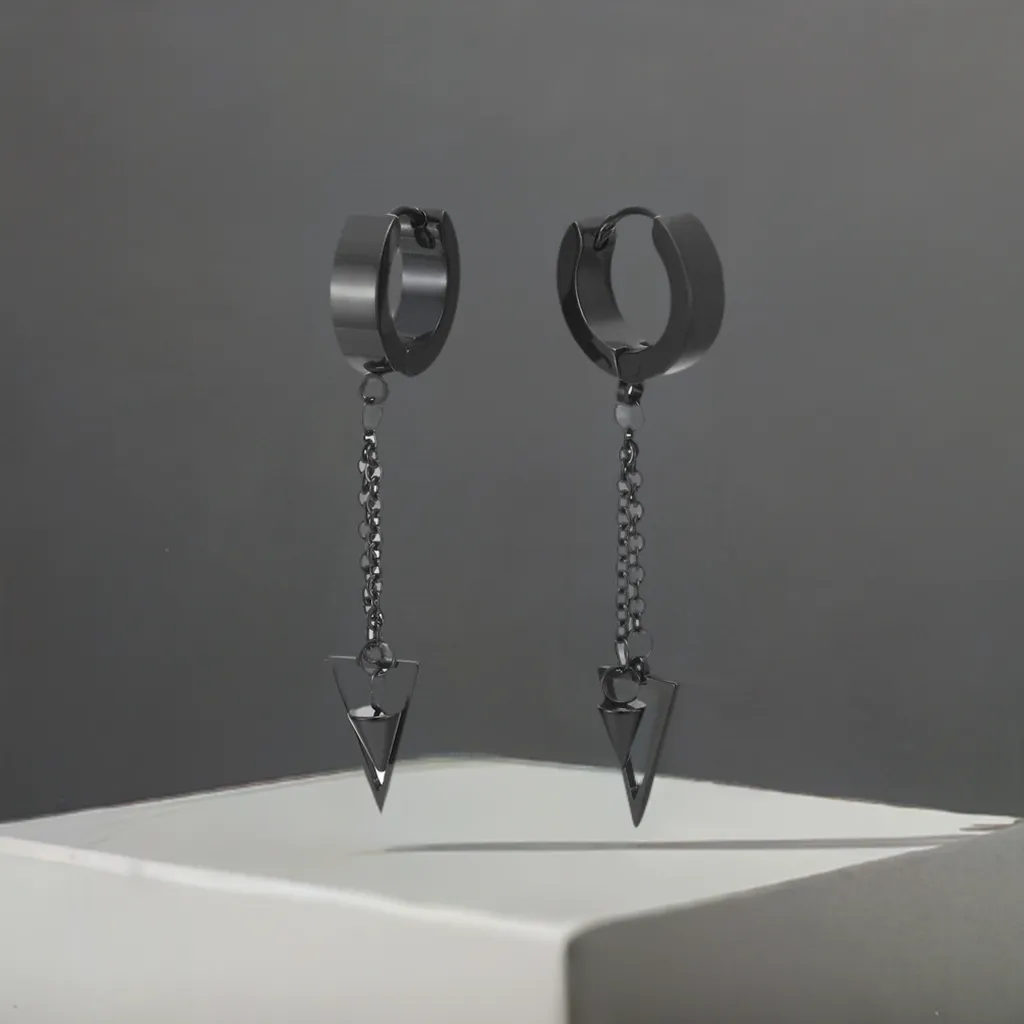 Black Steel Huggie Hoop Earrings with Dangle Chain and Spike Pendant for Men and Women, Featuring Hinged Bands with Triangle and Cone on a Chain for a Bold, Edgy Look