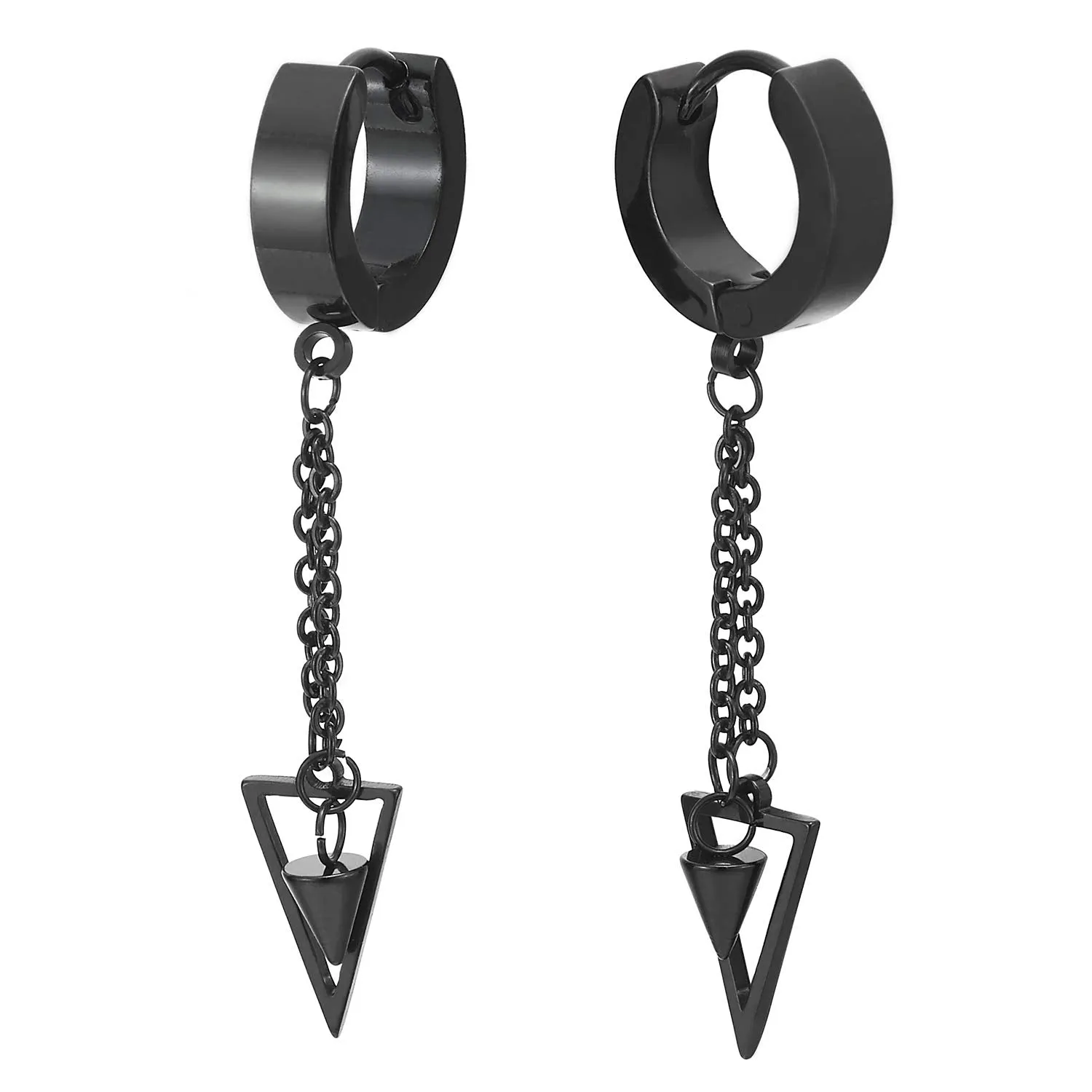 Black Steel Huggie Hoop Earrings with Dangle Chain and Spike Pendant for Men and Women, Featuring Hinged Bands with Triangle and Cone on a Chain for a Bold, Edgy Look