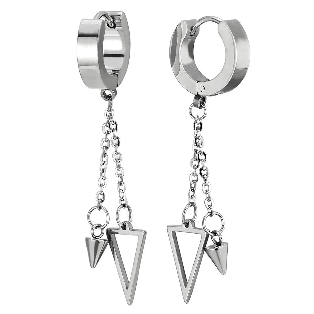 Black Steel Huggie Hoop Earrings with Dangle Chain and Spike Pendant for Men and Women, Featuring Hinged Bands with Triangle and Cone on a Chain for a Bold, Edgy Look