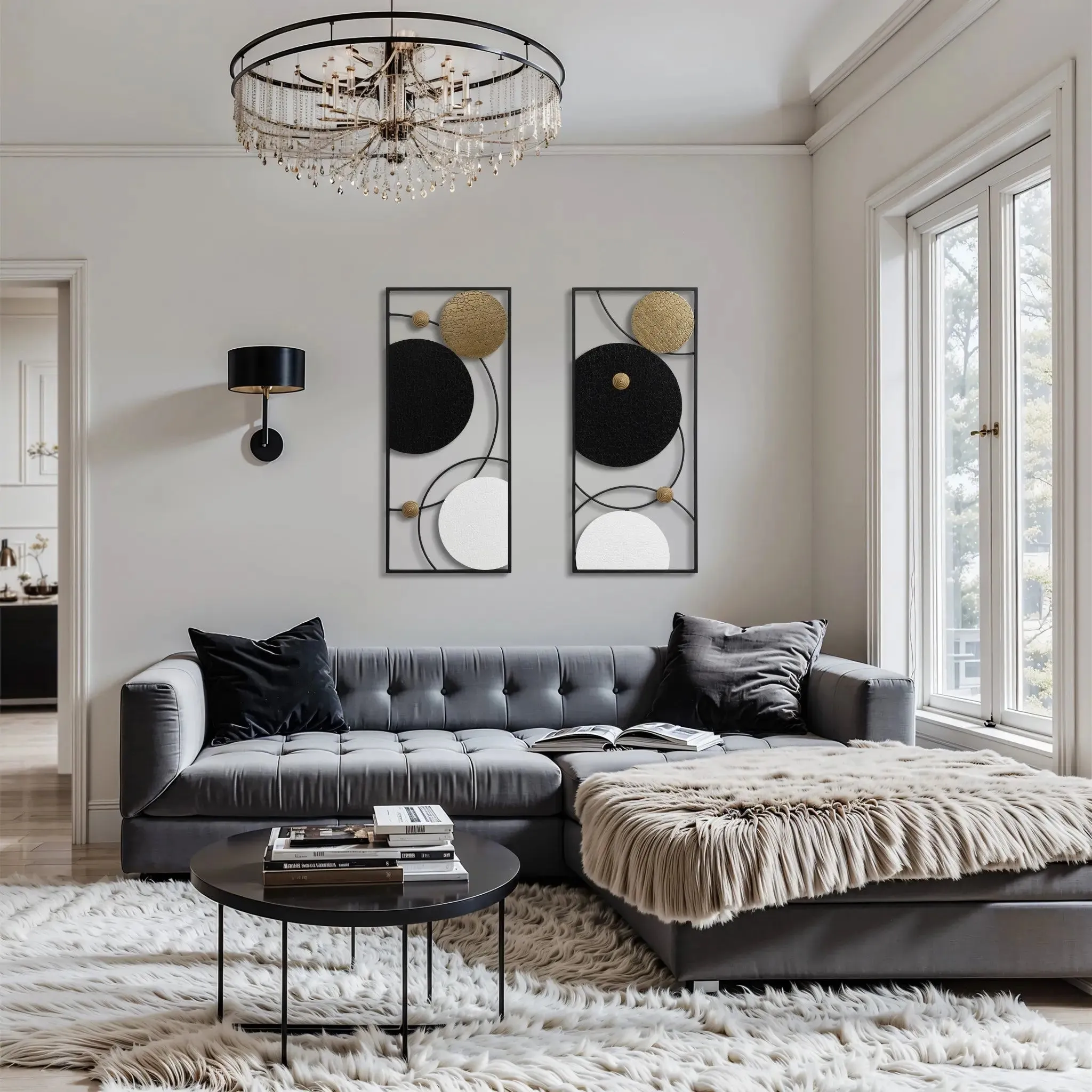 Black, white, and gold modern abstract wall décor set, 2-piece