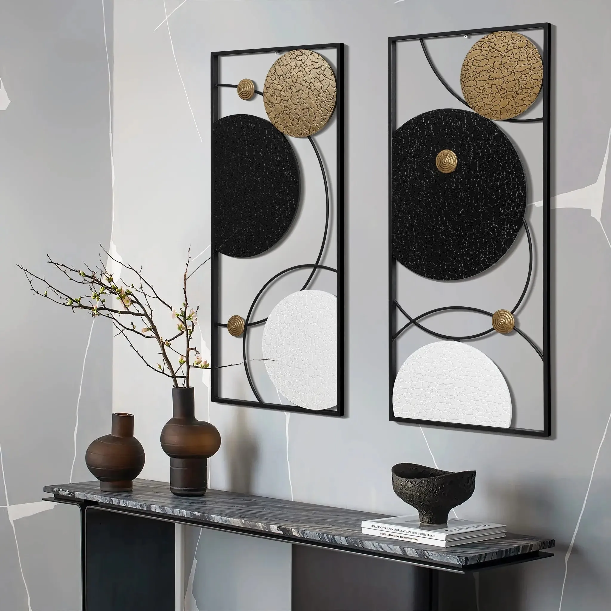 Black, white, and gold modern abstract wall décor set, 2-piece