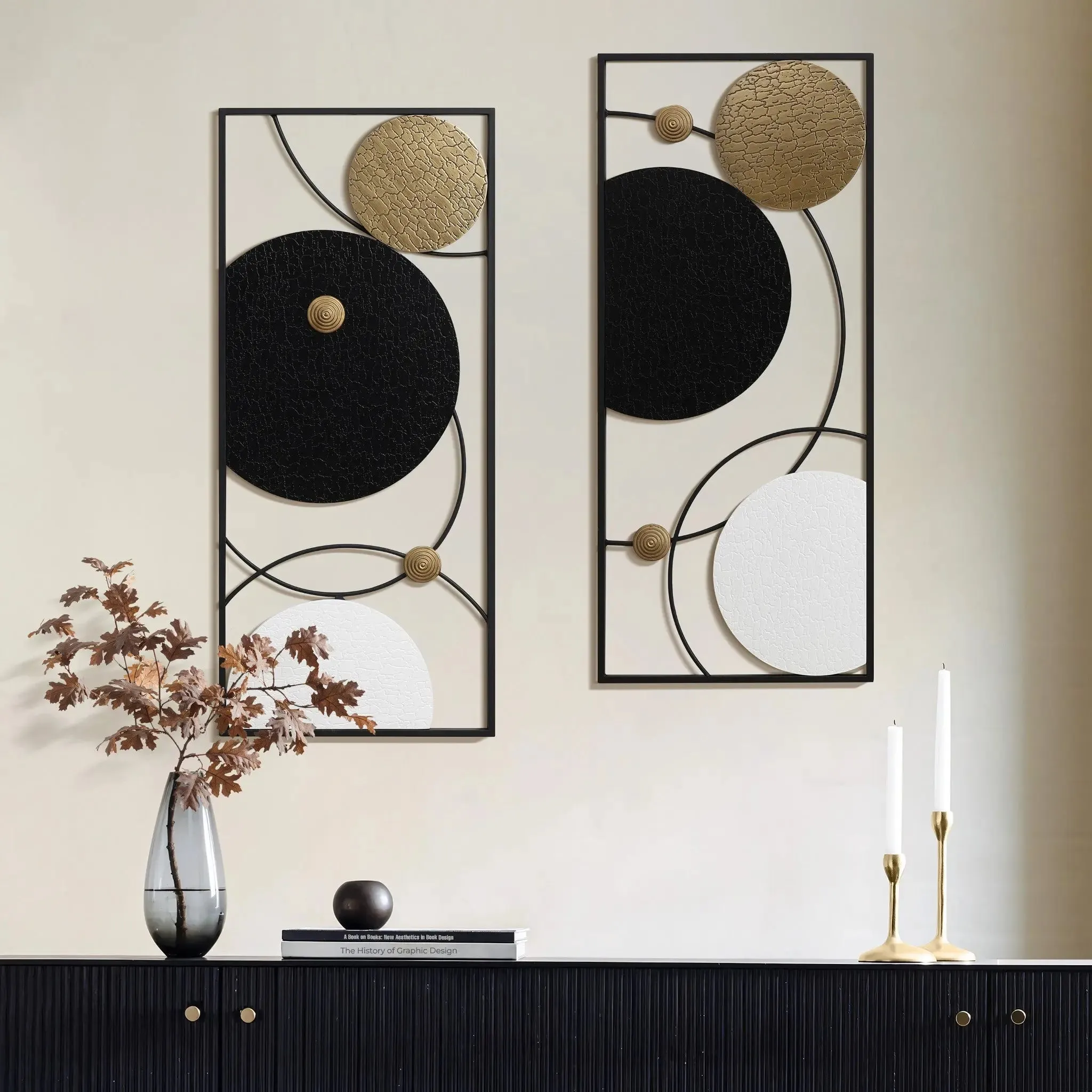 Black, white, and gold modern abstract wall décor set, 2-piece