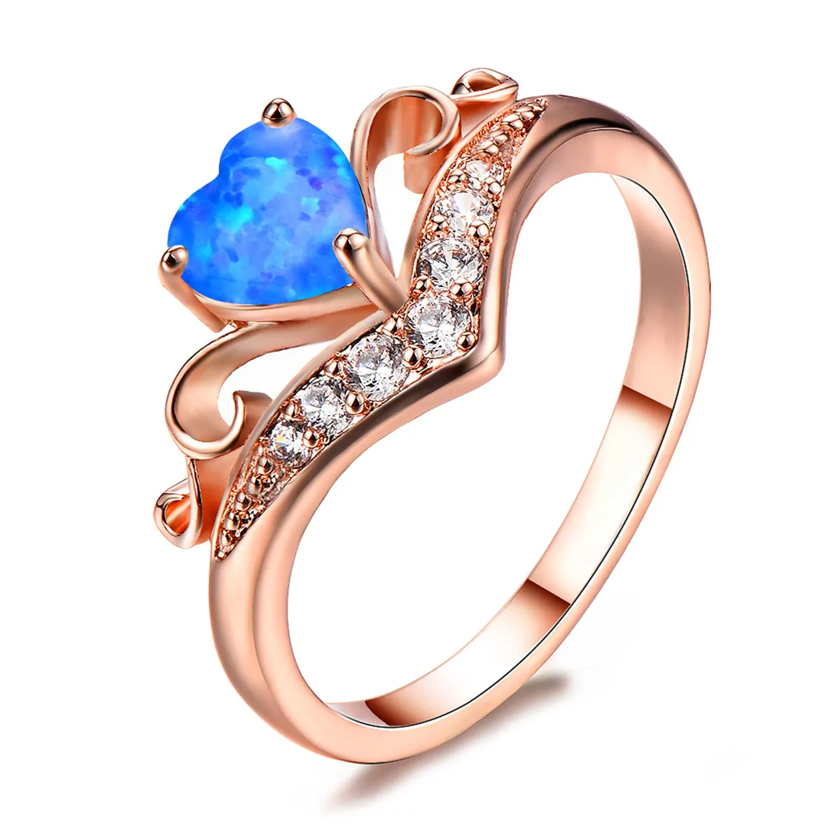 Blue Opal & Cubic Zirconia Heart Crown Ring