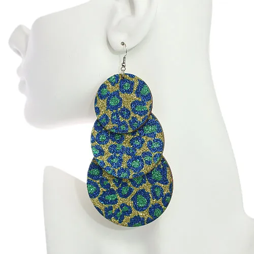 Blue Spotted Wooden Layered Glitter Earrings