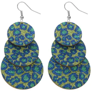 Blue Spotted Wooden Layered Glitter Earrings