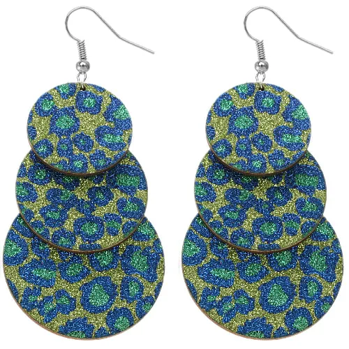 Blue Spotted Wooden Layered Glitter Earrings