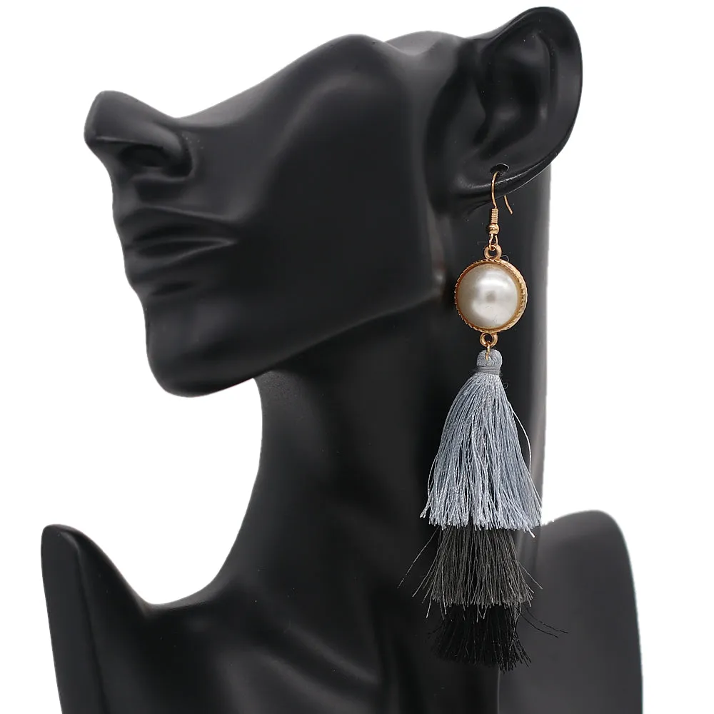 Blue Two Tone Layered Tassel Fringe Earrings