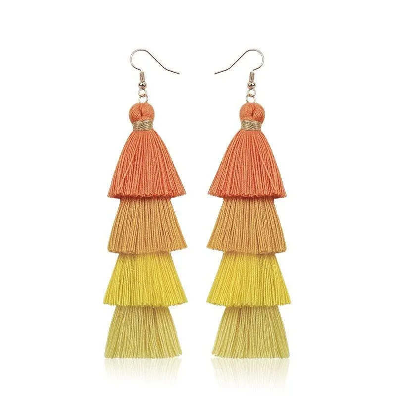 Boho 4 Layered Multi Colour Cotton Tassel Earrings