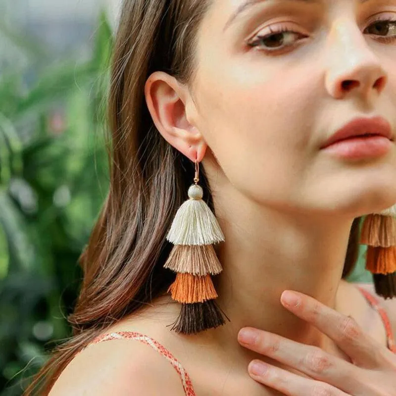 Boho 4 Layered Multi Colour Cotton Tassel Earrings