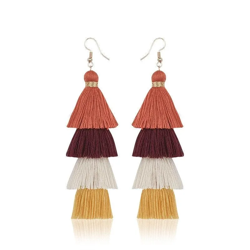 Boho 4 Layered Multi Colour Cotton Tassel Earrings