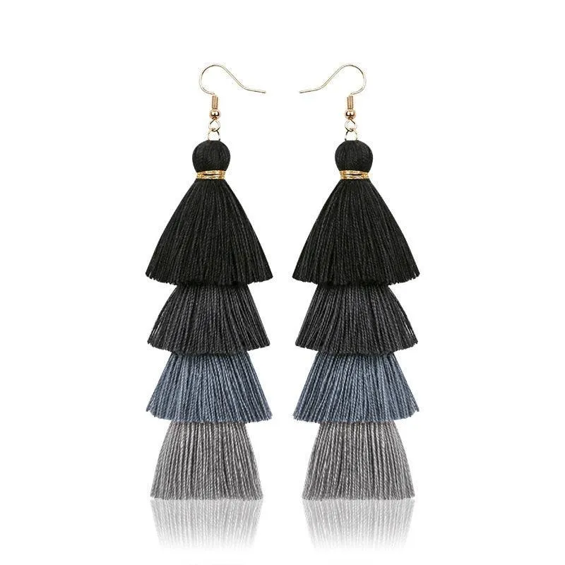 Boho 4 Layered Multi Colour Cotton Tassel Earrings