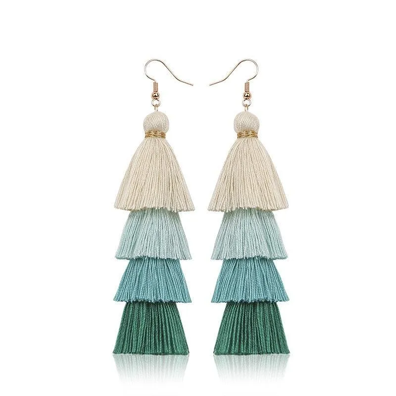 Boho 4 Layered Multi Colour Cotton Tassel Earrings