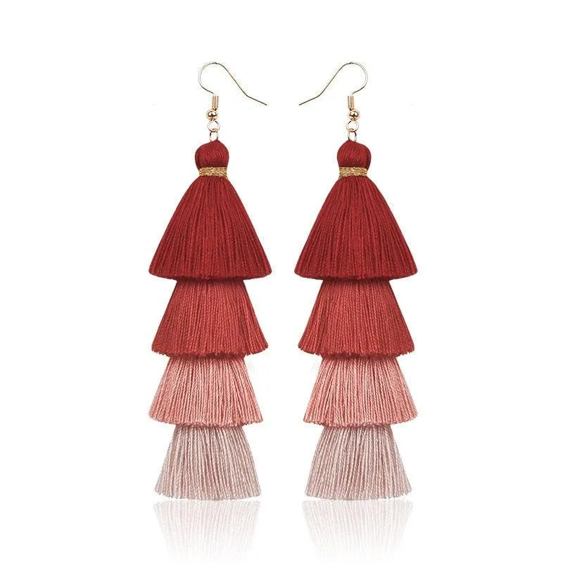 Boho 4 Layered Multi Colour Cotton Tassel Earrings