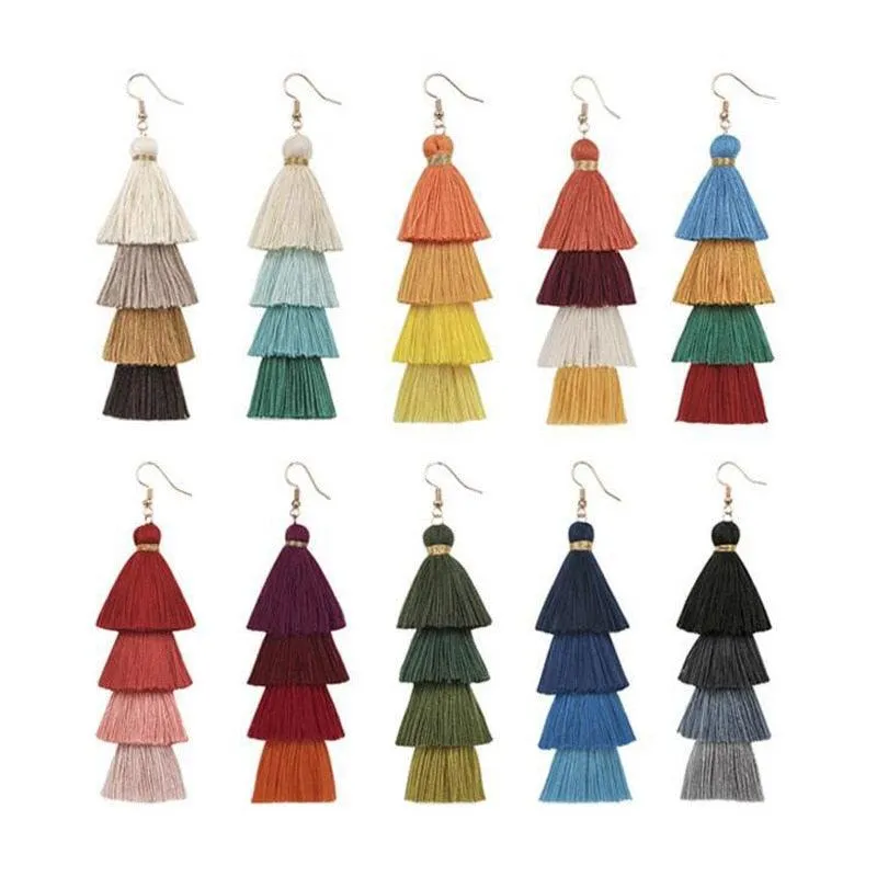 Boho 4 Layered Multi Colour Cotton Tassel Earrings