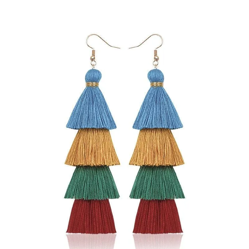 Boho 4 Layered Multi Colour Cotton Tassel Earrings