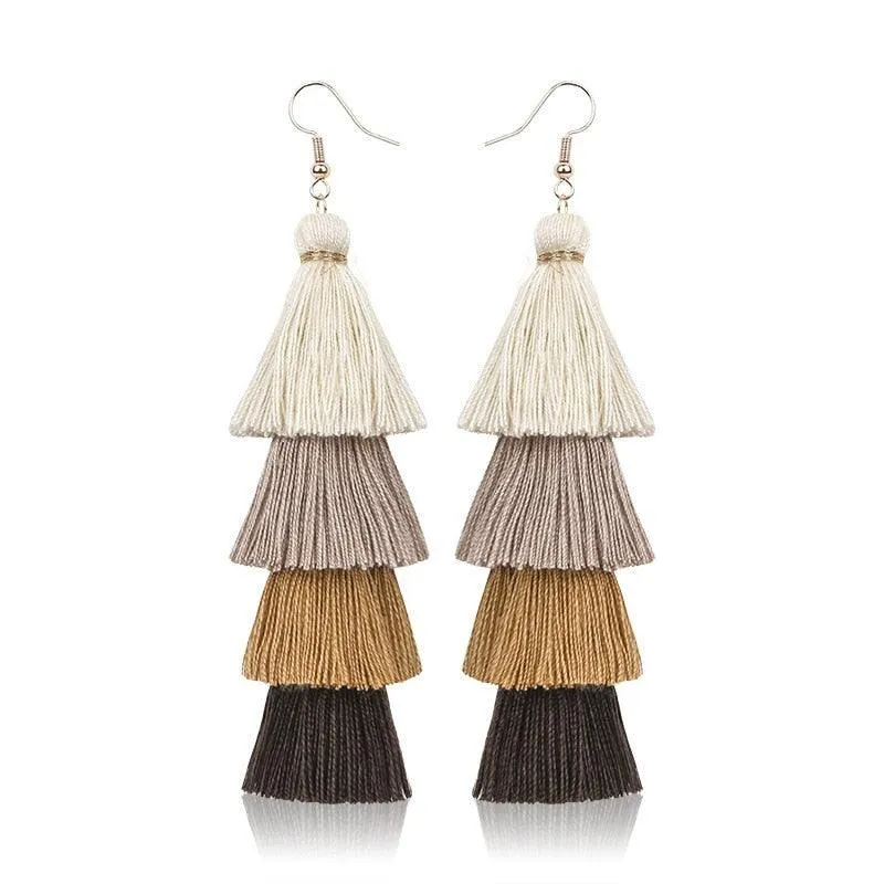 Boho 4 Layered Multi Colour Cotton Tassel Earrings