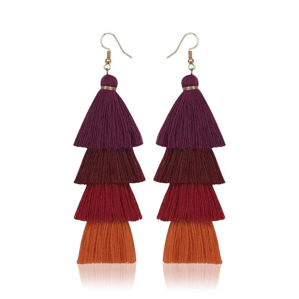 Boho 4 Layered Multi Colour Cotton Tassel Earrings