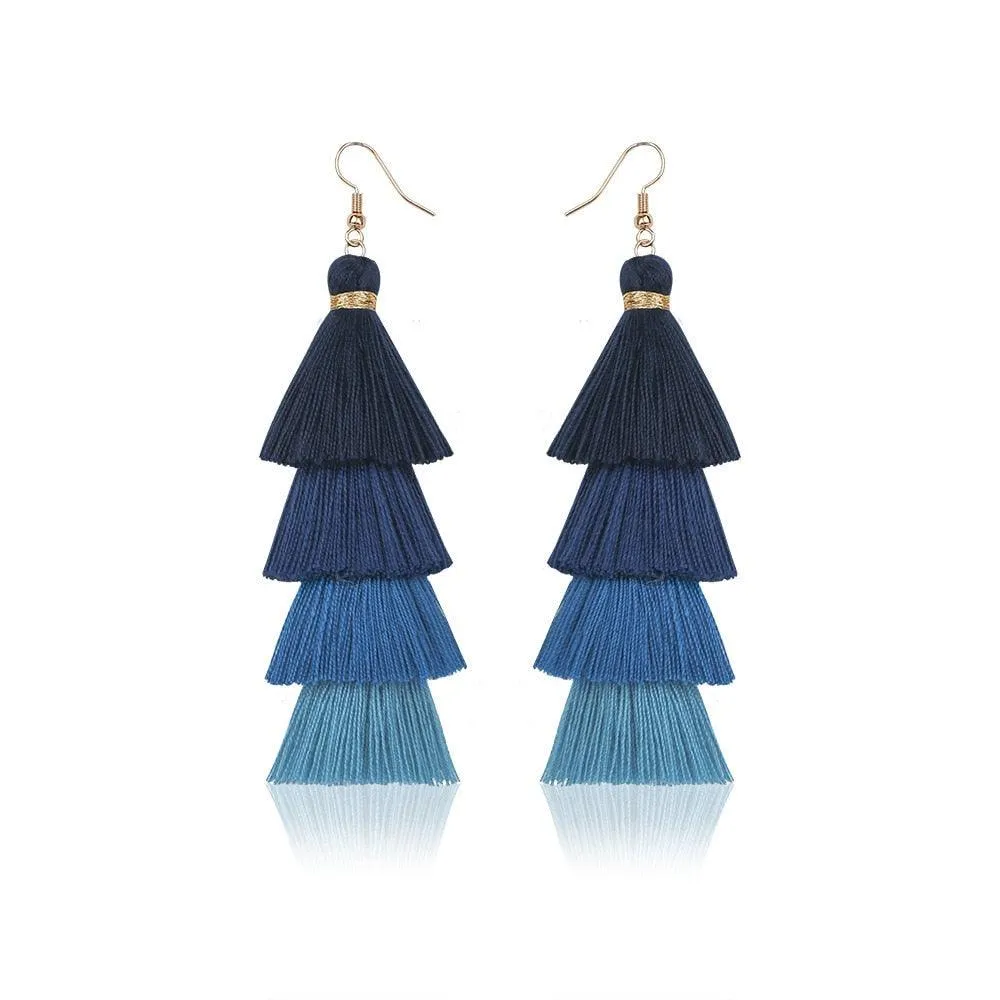 Boho 4 Layered Multi Colour Cotton Tassel Earrings