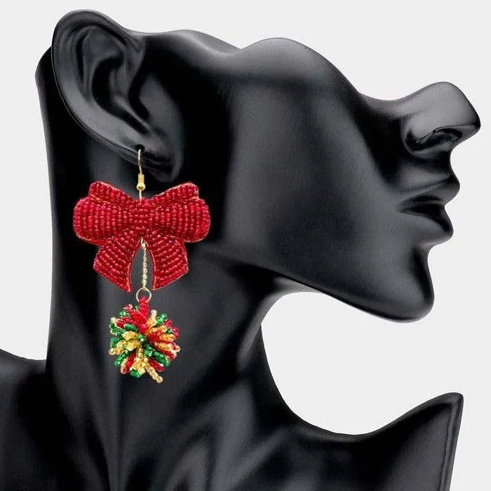 Bow Seed Beaded Ball Dangle Earrings