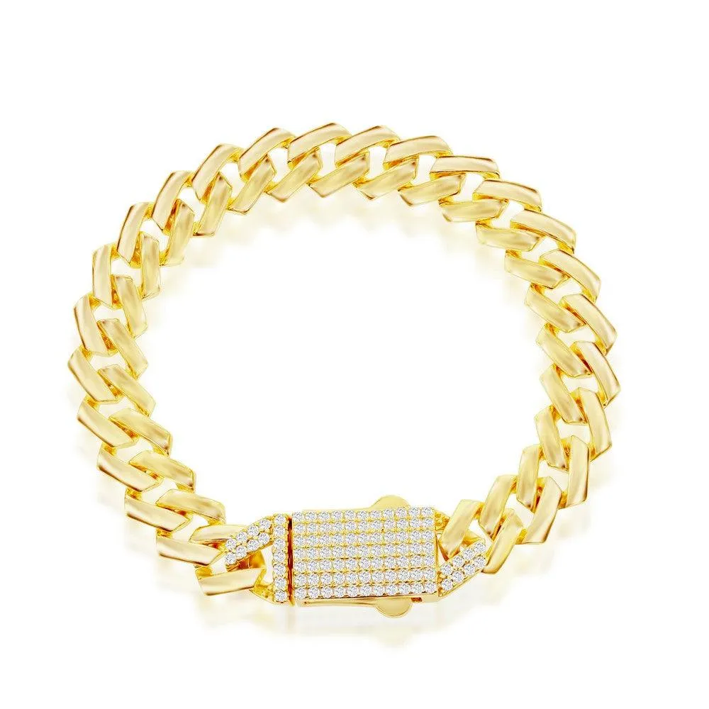 Bracelets Sterling Silver 9mm Monaco Chain w/Micro Pave CZ Lock - Gold Plated