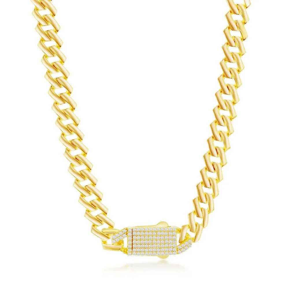 Bracelets Sterling Silver 9mm Monaco Chain w/Micro Pave CZ Lock - Gold Plated