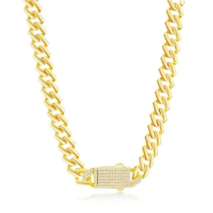 Bracelets Sterling Silver 9mm Monaco Chain w/Micro Pave CZ Lock - Gold Plated
