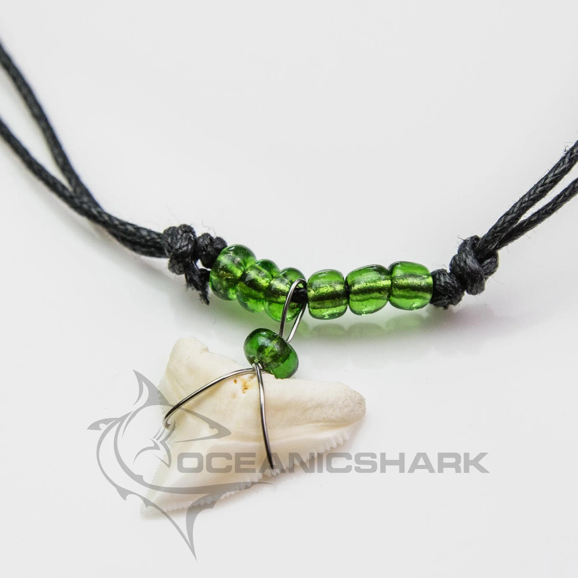 Bull Shark Tooth Necklace Clear Green Beads c63