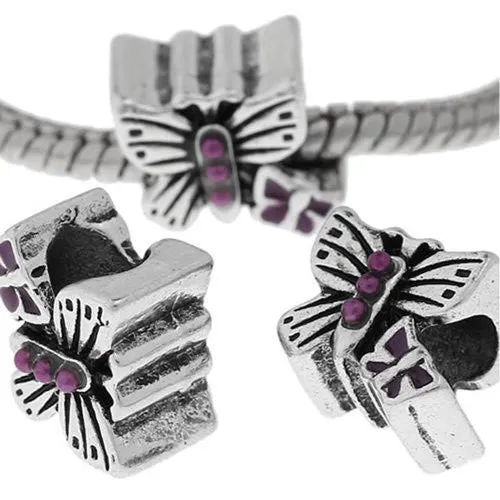 Butterfly Charm W/purple Acrylic Pearls European Bead Compatible for Most European Snake Chain Charm Bracelets