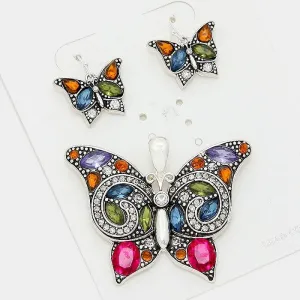 Butterfly Rhinestone Pendant Earrings Set