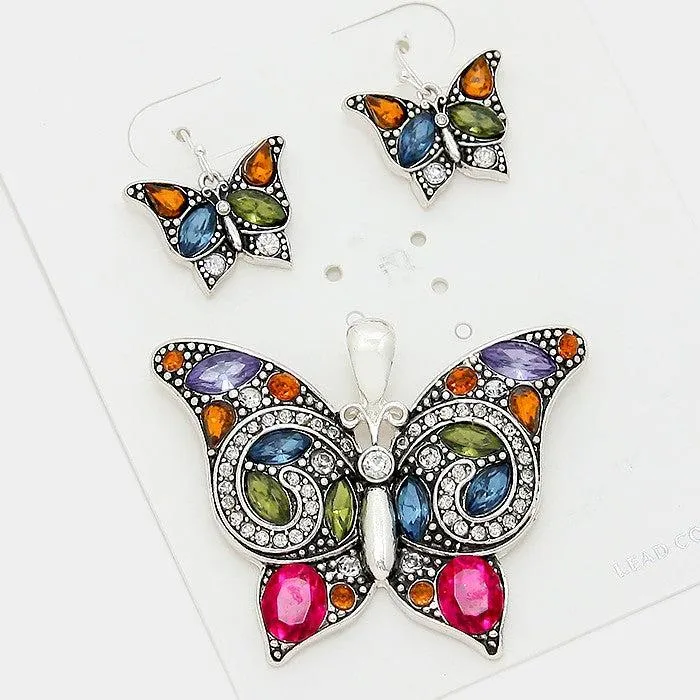 Butterfly Rhinestone Pendant Earrings Set