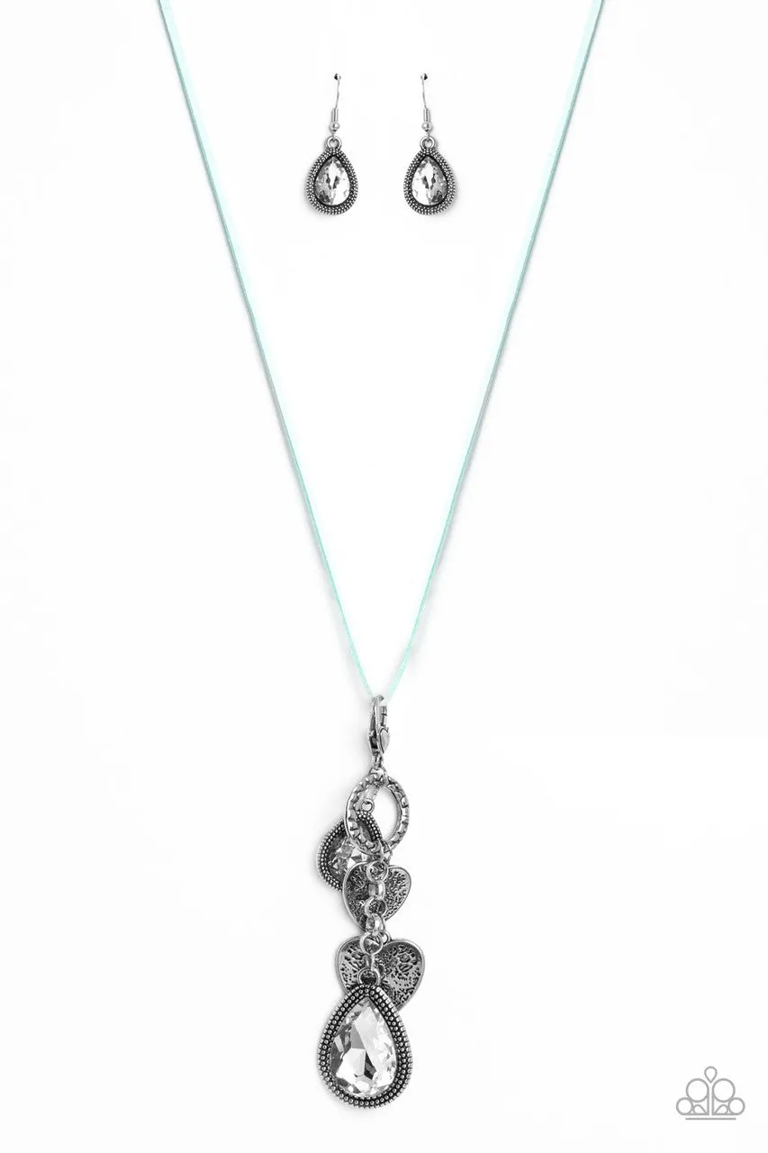 Casanova Clique - Blue - Suede Cord Silver Heart Charm White Teardrop Gem Paparazzi Long Necklace