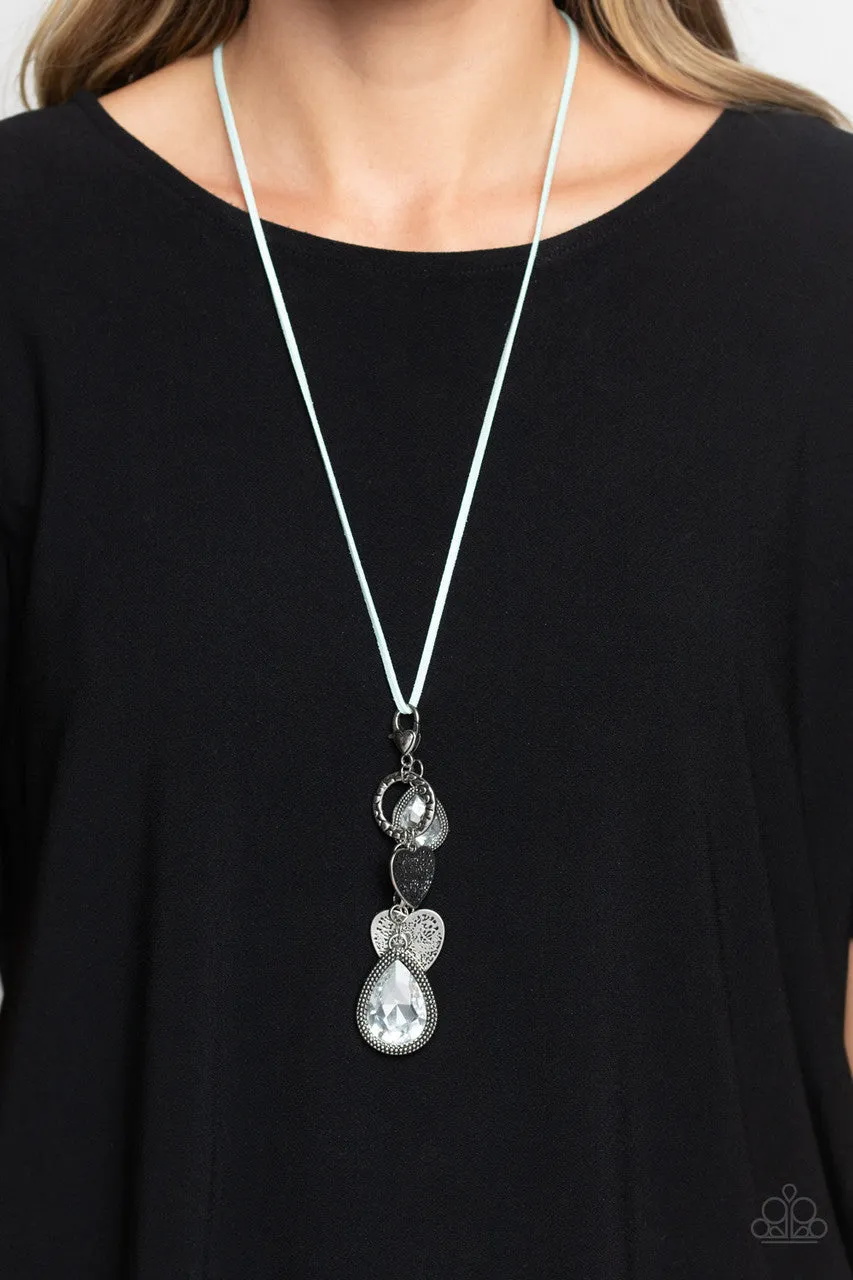 Casanova Clique - Blue - Suede Cord Silver Heart Charm White Teardrop Gem Paparazzi Long Necklace