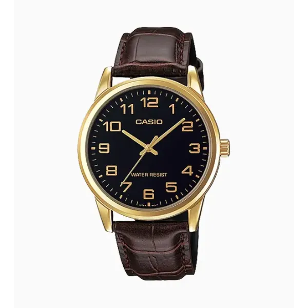 Casio Brown Leather Strap Black Dial Quartz Watch for Gents - MTP-V001GL-1BUDF