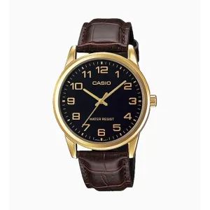 Casio Brown Leather Strap Black Dial Quartz Watch for Gents - MTP-V001GL-1BUDF