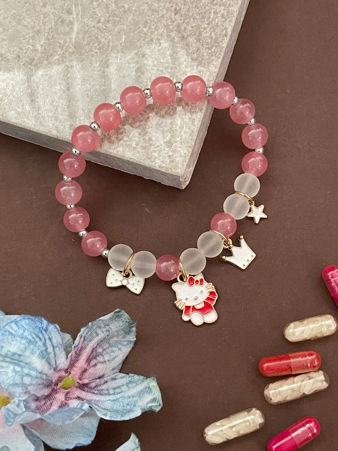 Cat/Crown Charms Stone Bracelet