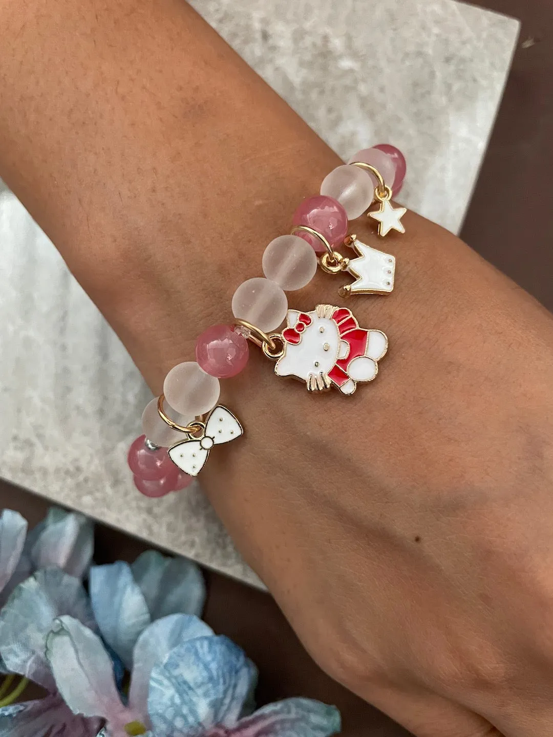 Cat/Crown Charms Stone Bracelet