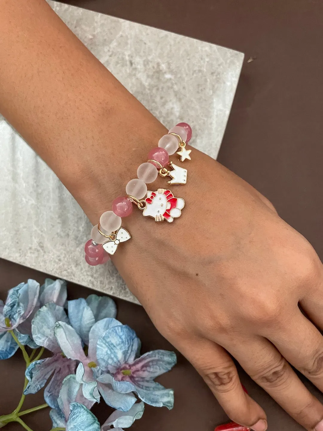 Cat/Crown Charms Stone Bracelet