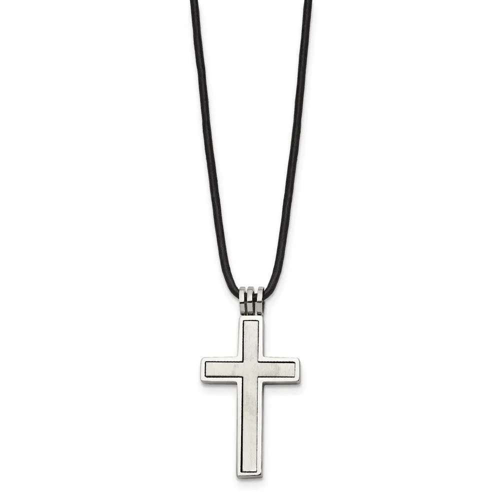 Chisel Stainless Steel Brushed and Polished 2 Piece Movable Cross Pendant on a 18 inch Leather Cord Necklace