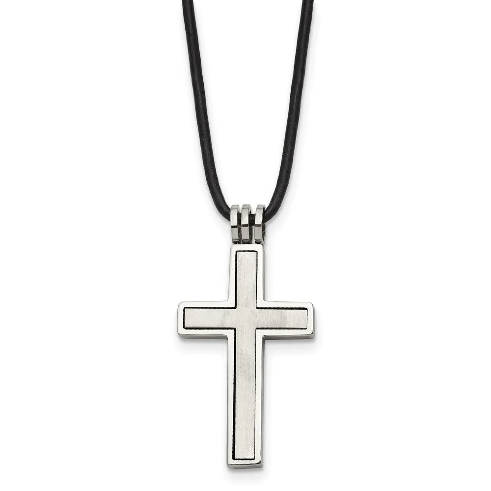 Chisel Stainless Steel Brushed and Polished 2 Piece Movable Cross Pendant on a 18 inch Leather Cord Necklace