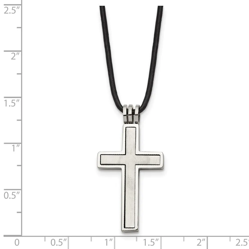 Chisel Stainless Steel Brushed and Polished 2 Piece Movable Cross Pendant on a 18 inch Leather Cord Necklace