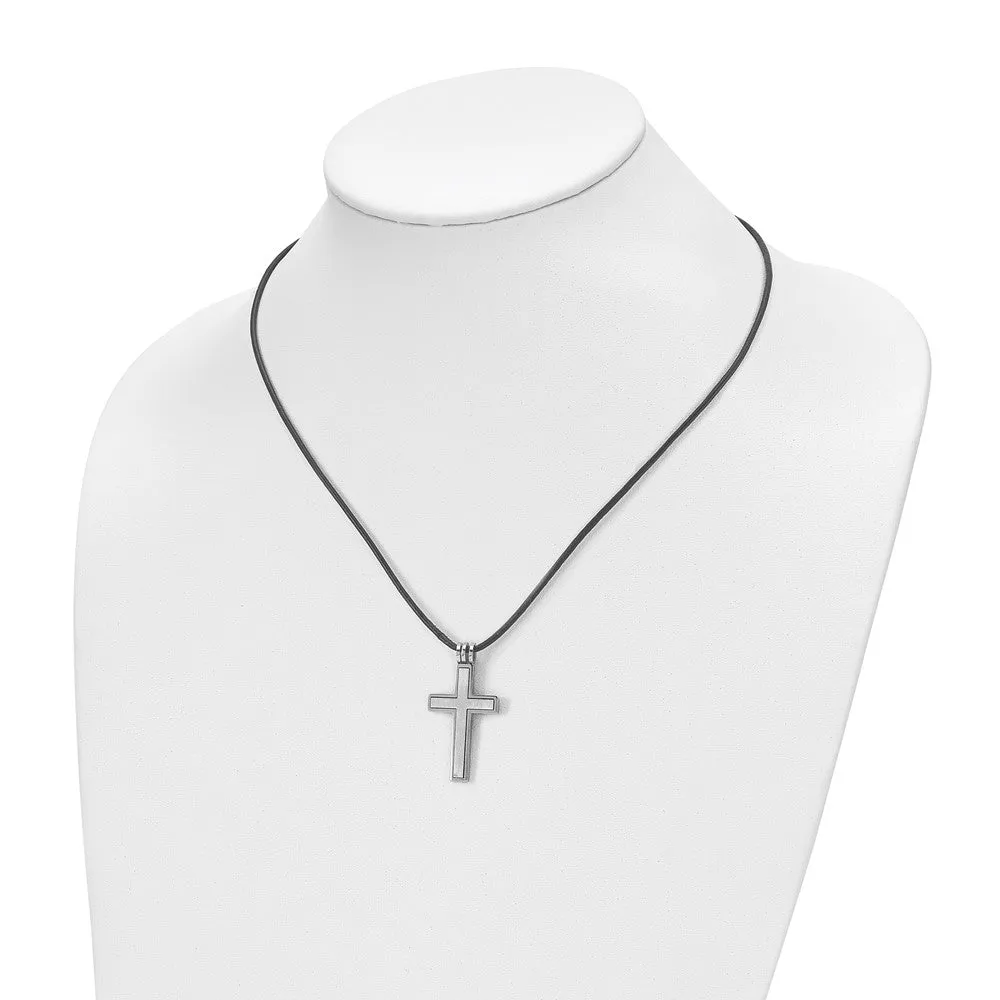 Chisel Stainless Steel Brushed and Polished 2 Piece Movable Cross Pendant on a 18 inch Leather Cord Necklace