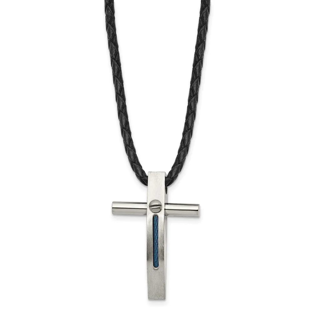 Chisel Stainless Steel Brushed and Polished Blue IP-plated Cable Cross Pendant on a 18 inch Leather Cord Necklace