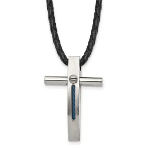 Chisel Stainless Steel Brushed and Polished Blue IP-plated Cable Cross Pendant on a 18 inch Leather Cord Necklace